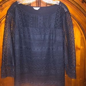 Detailed Navy Blue Blouse with sheer sleeves